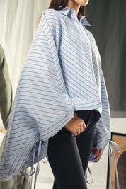 oversized striped shirt with back straw string baby blue and dark grey