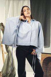oversized striped shirt with back straw string baby blue and dark grey