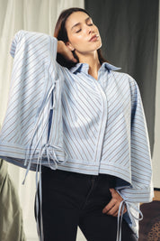 oversized striped shirt with back straw string baby blue and dark grey