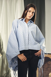 oversized striped shirt with back straw string baby blue and dark grey