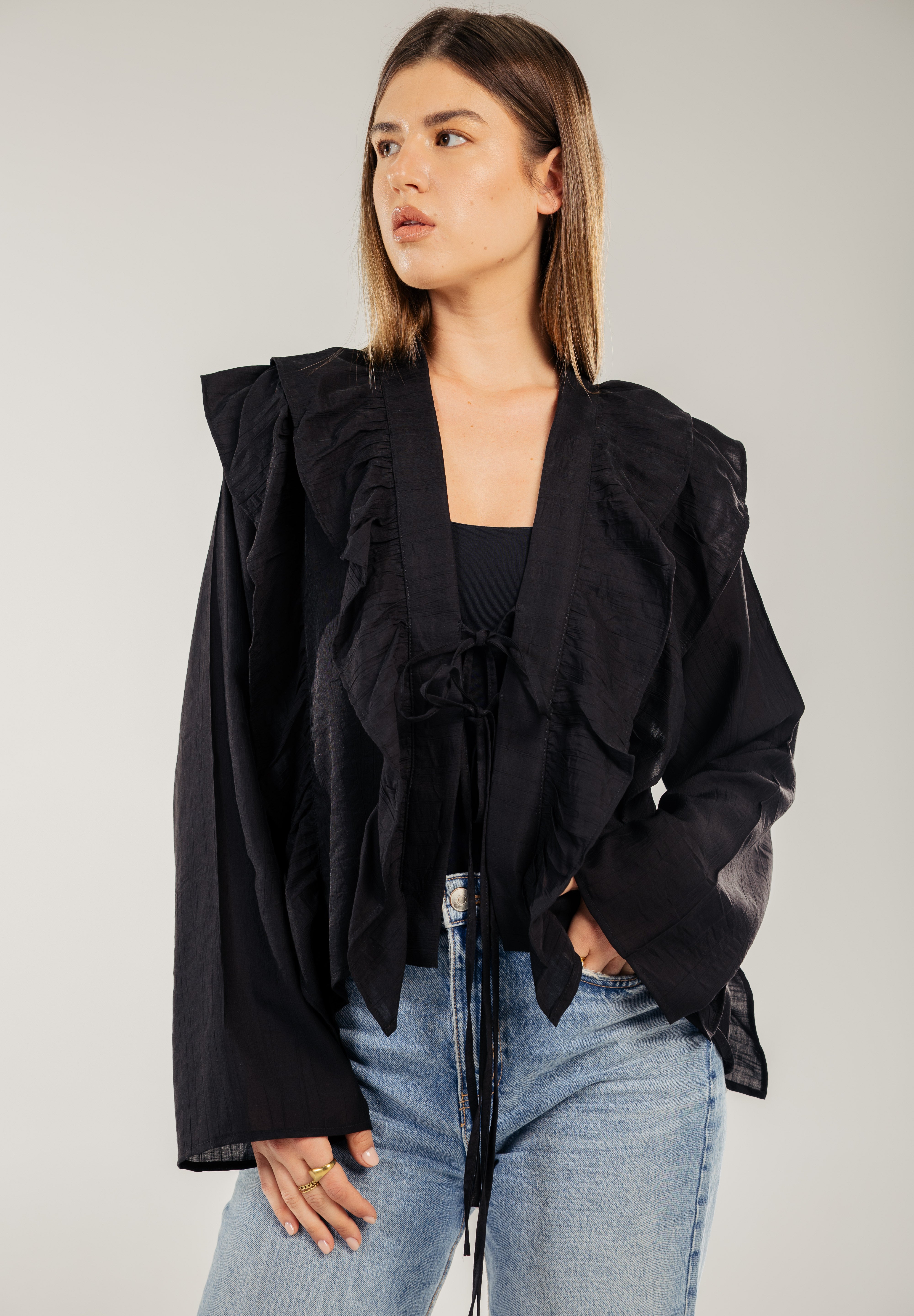 Breezy Ruffle Cardigan BLACK