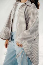 oversized striped shirt with back straw string Cafe & White