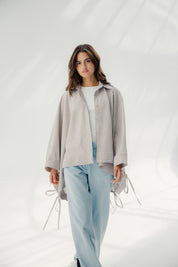 oversized striped shirt with back straw string Cafe & White