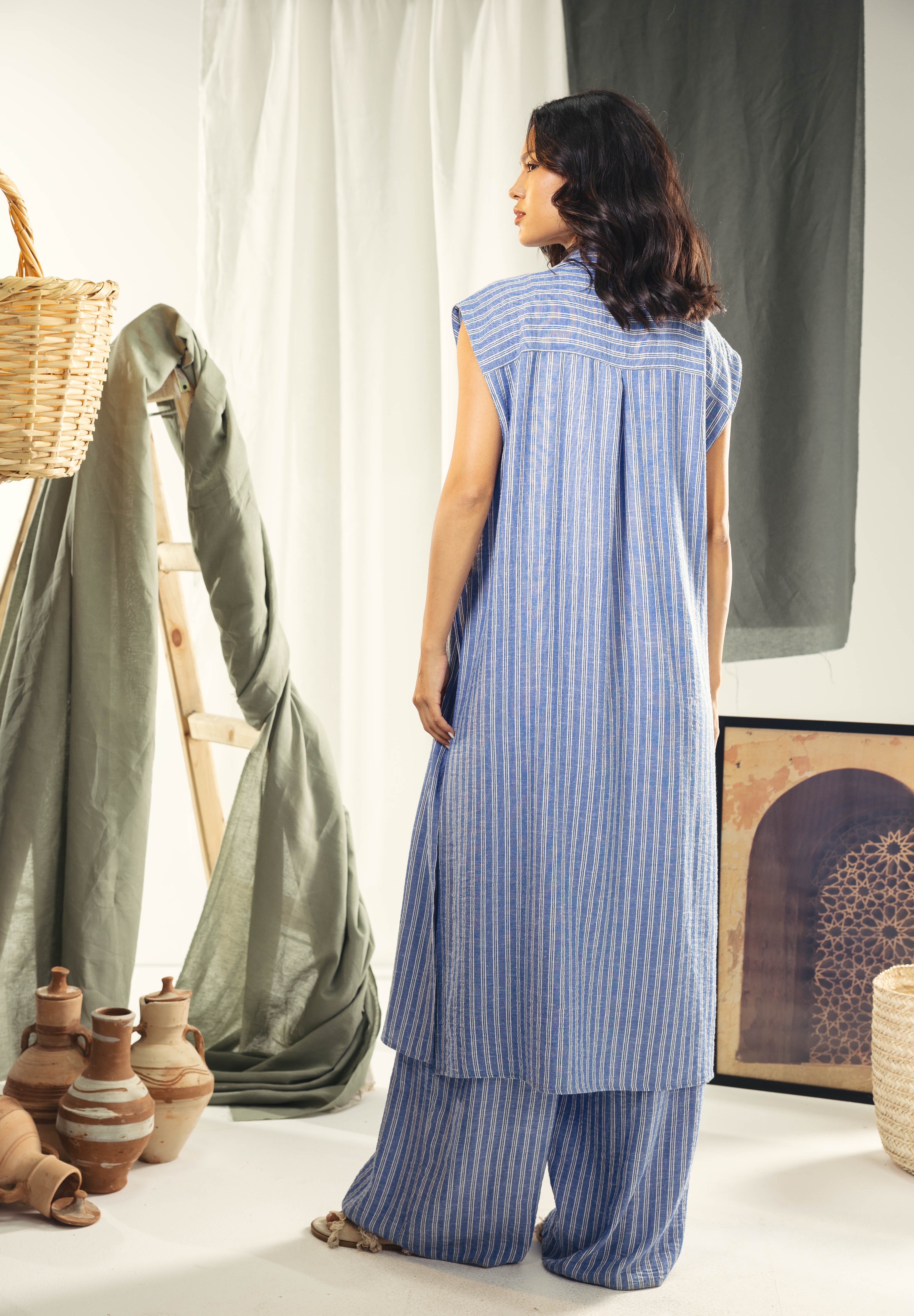Striped Adjustable Side-Tie long vest blue and white