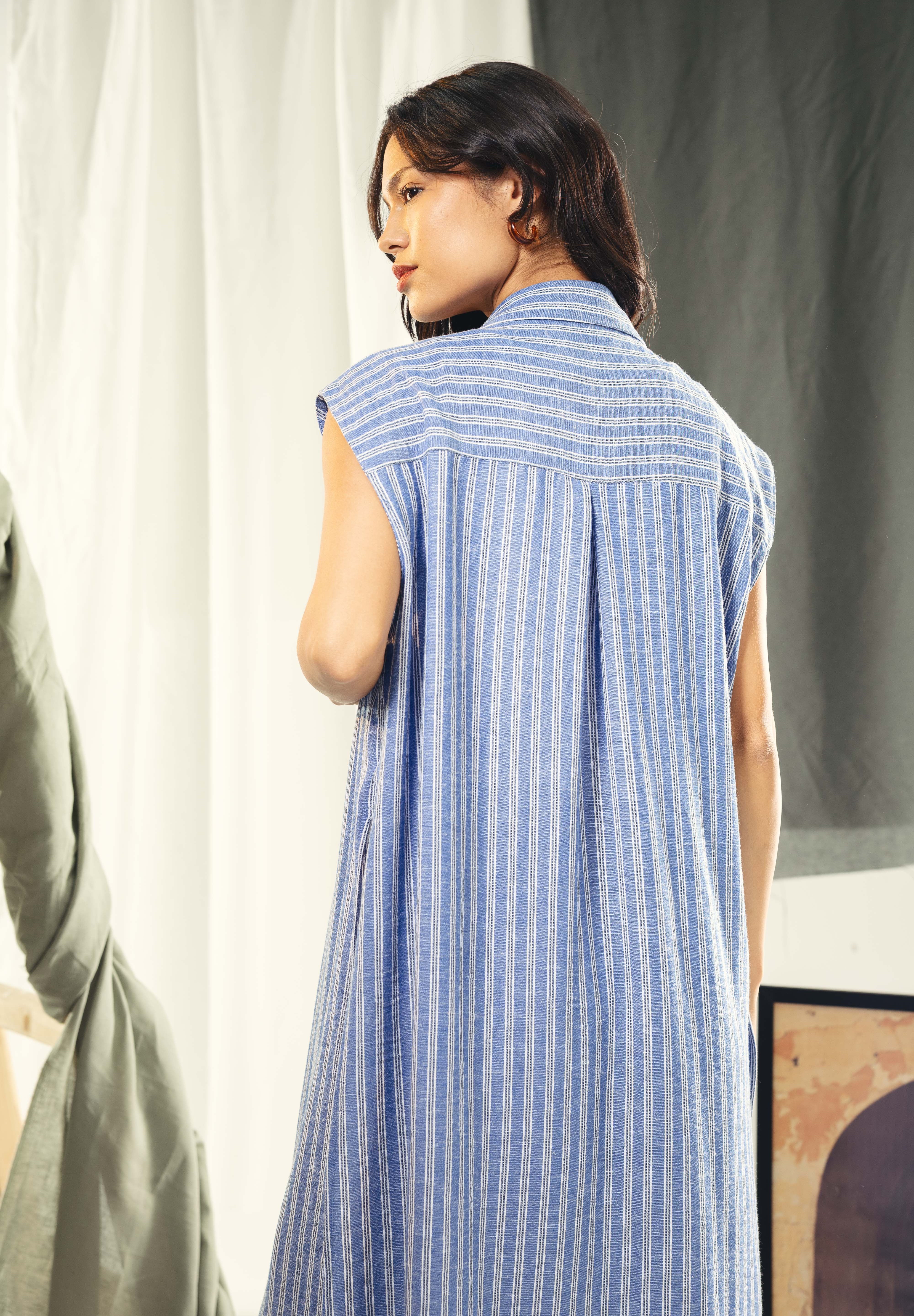 Striped Adjustable Side-Tie long vest blue and white