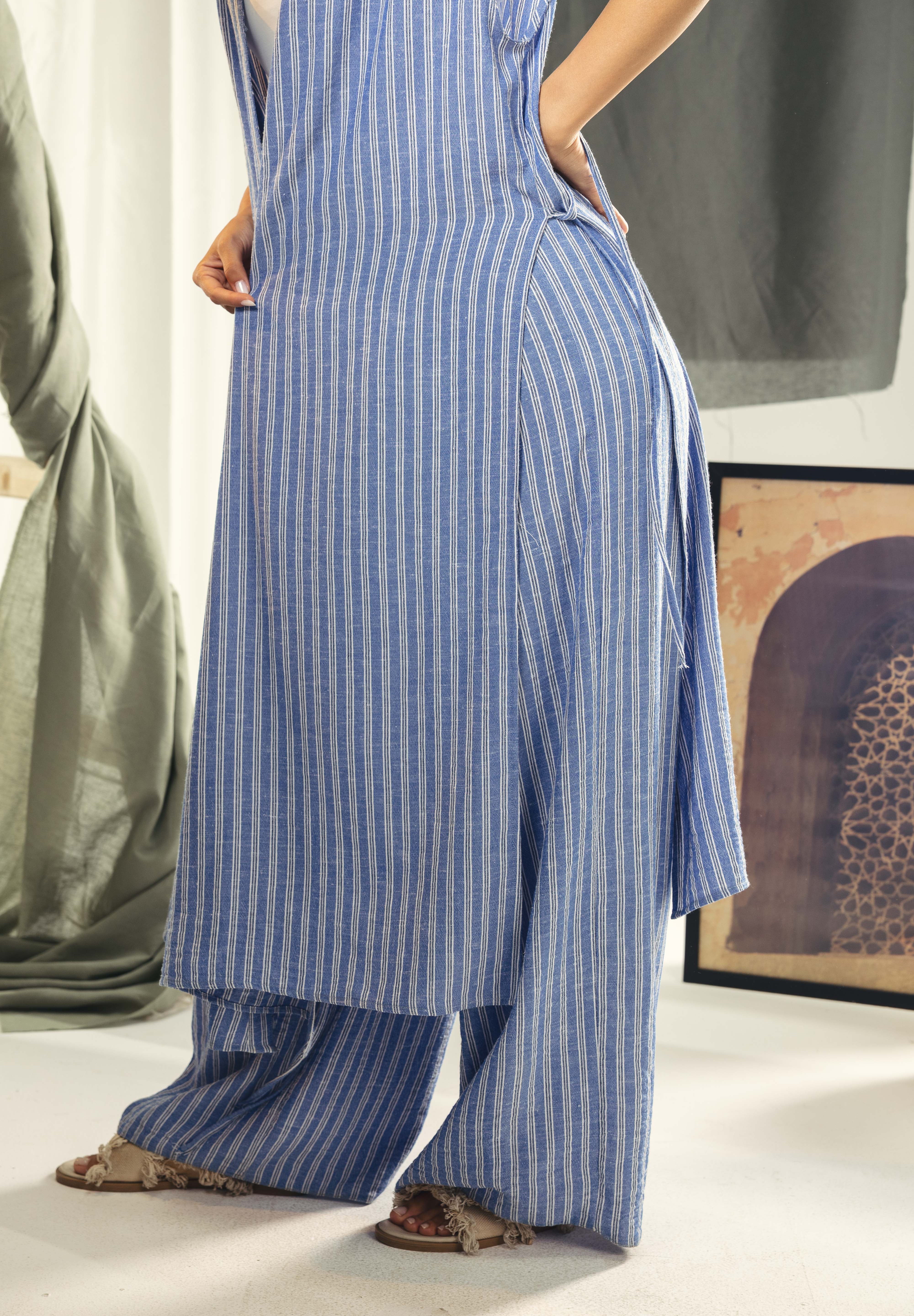 Striped Adjustable Side-Tie long vest blue and white