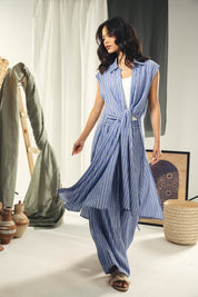 Striped Adjustable Side-Tie long vest blue and white