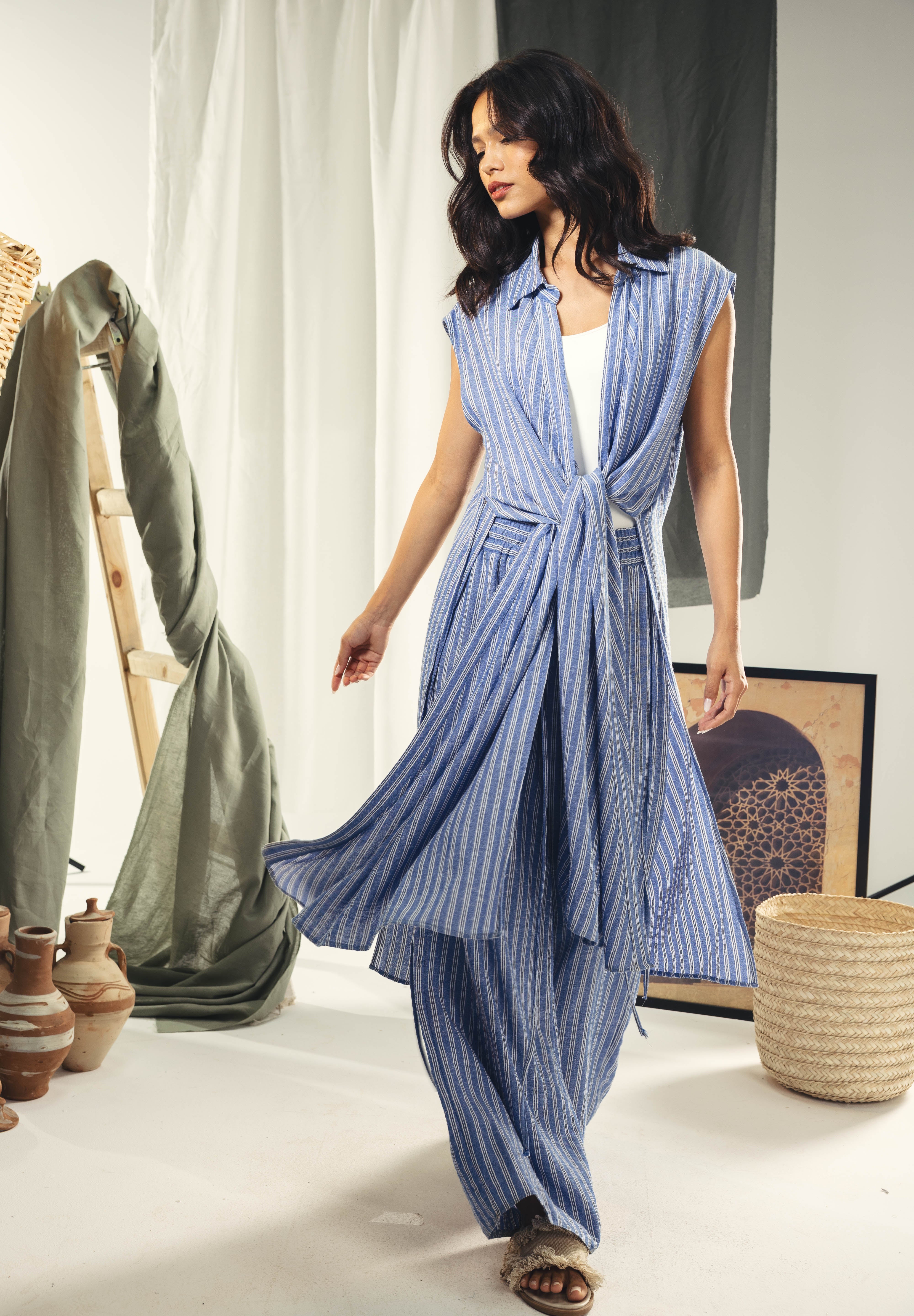 Striped Adjustable Side-Tie long vest blue and white