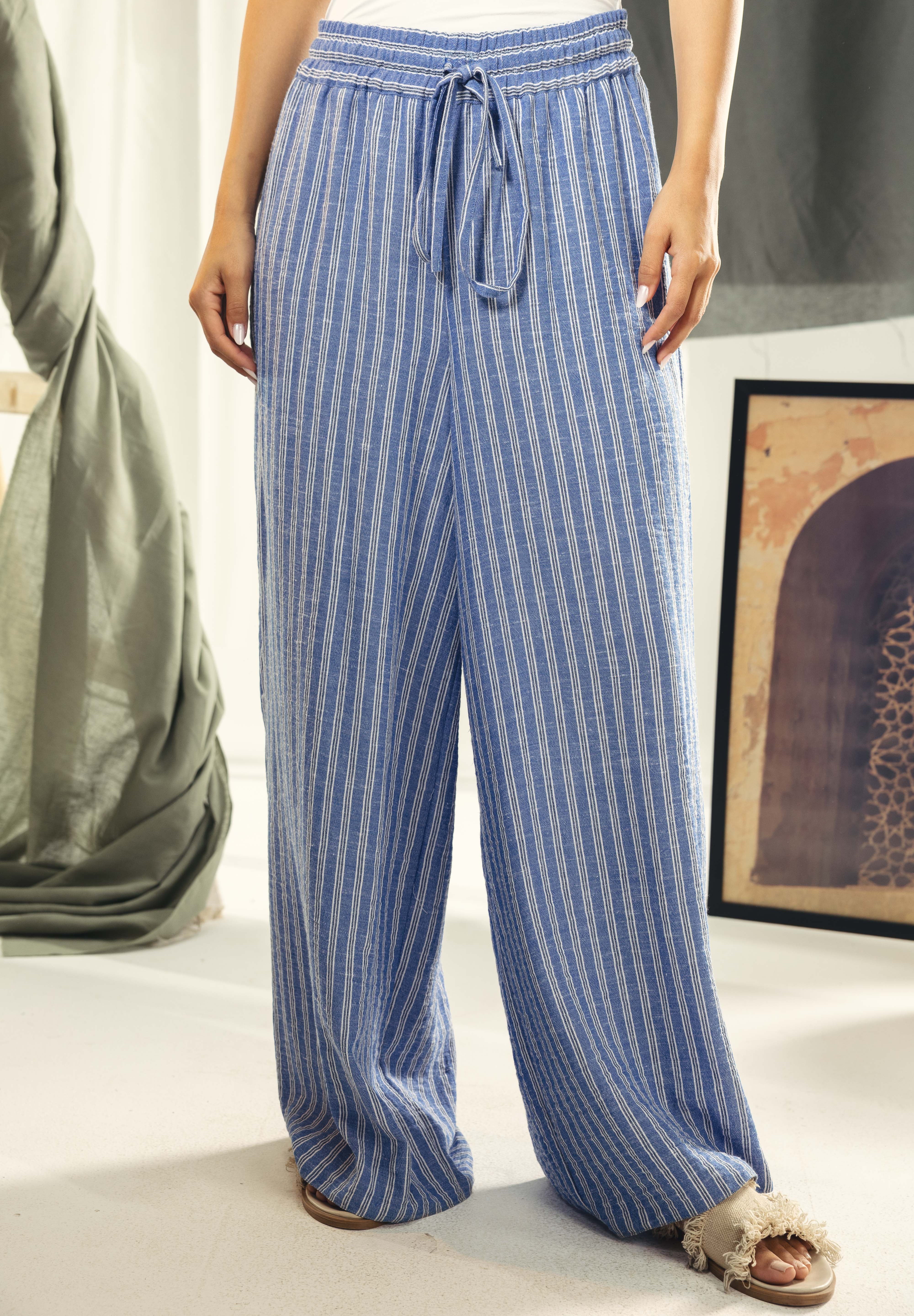 striped wide leg comfy pants Blue and white