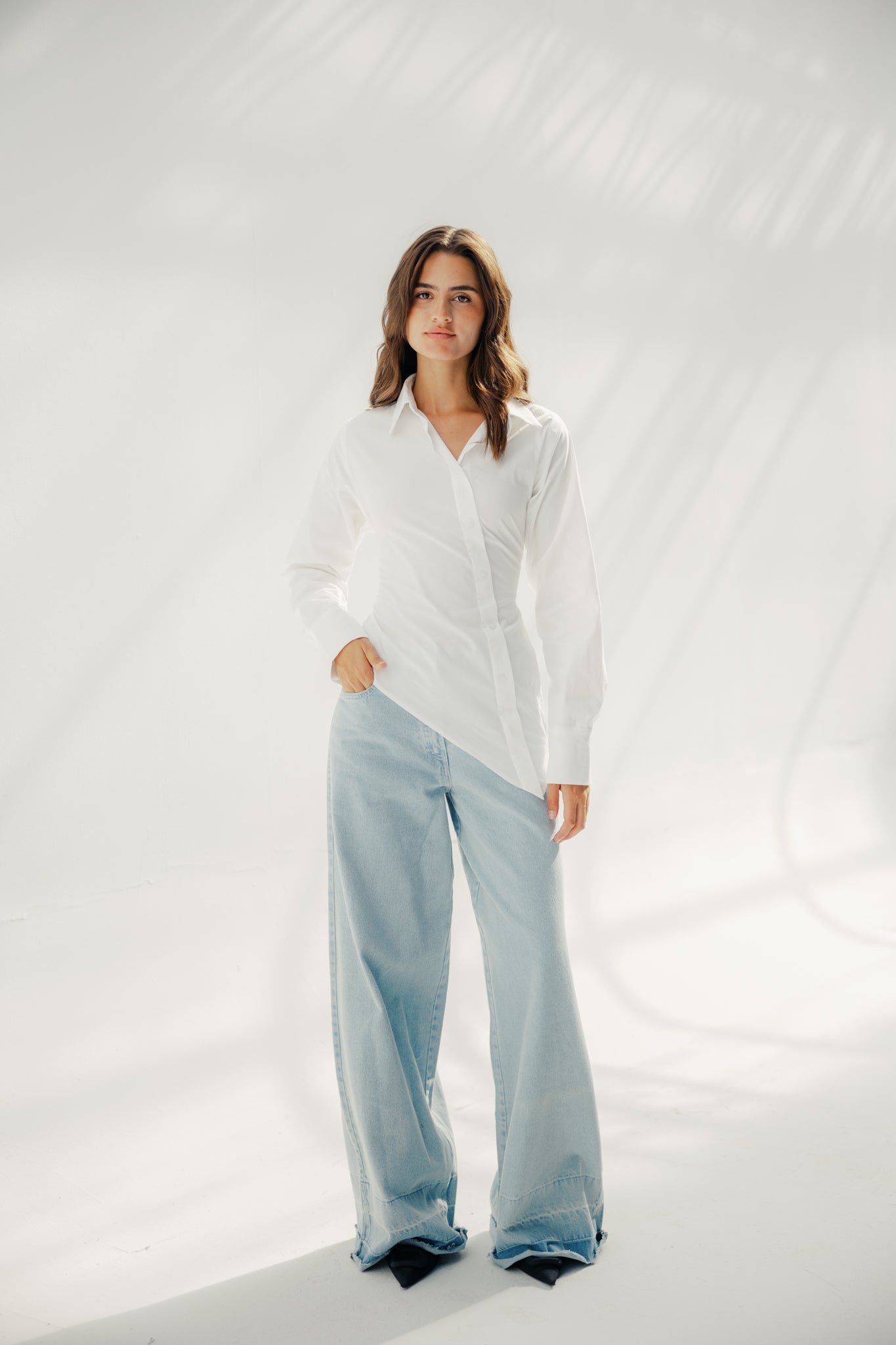 Asymmetric Ruched Button-Up Shirt White