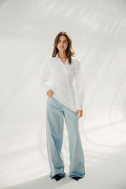 Asymmetric Ruched Button-Up Shirt White