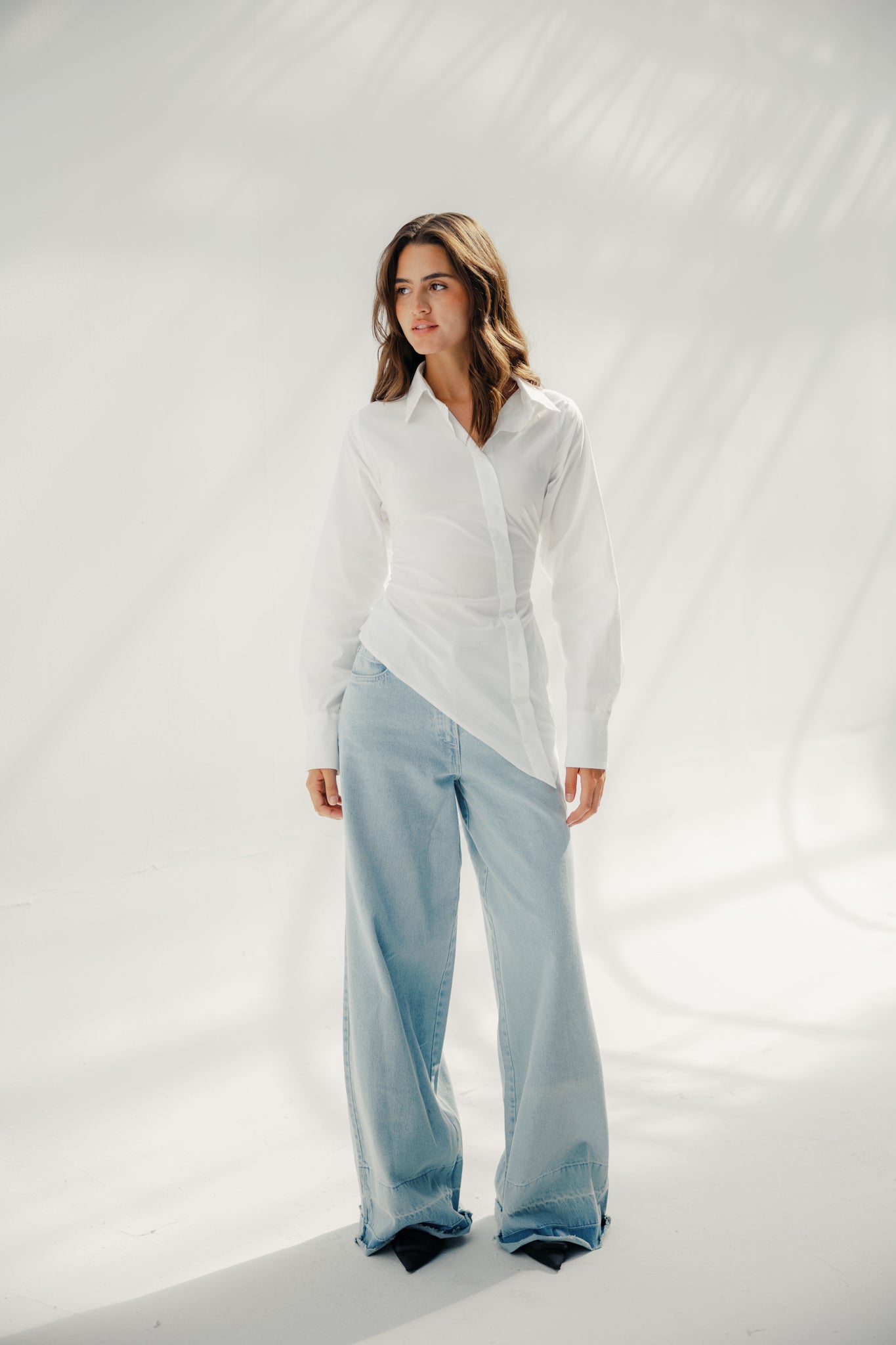 Asymmetric Ruched Button-Up Shirt White