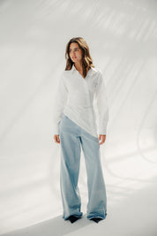 Asymmetric Ruched Button-Up Shirt White