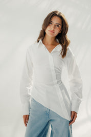 Asymmetric Ruched Button-Up Shirt White
