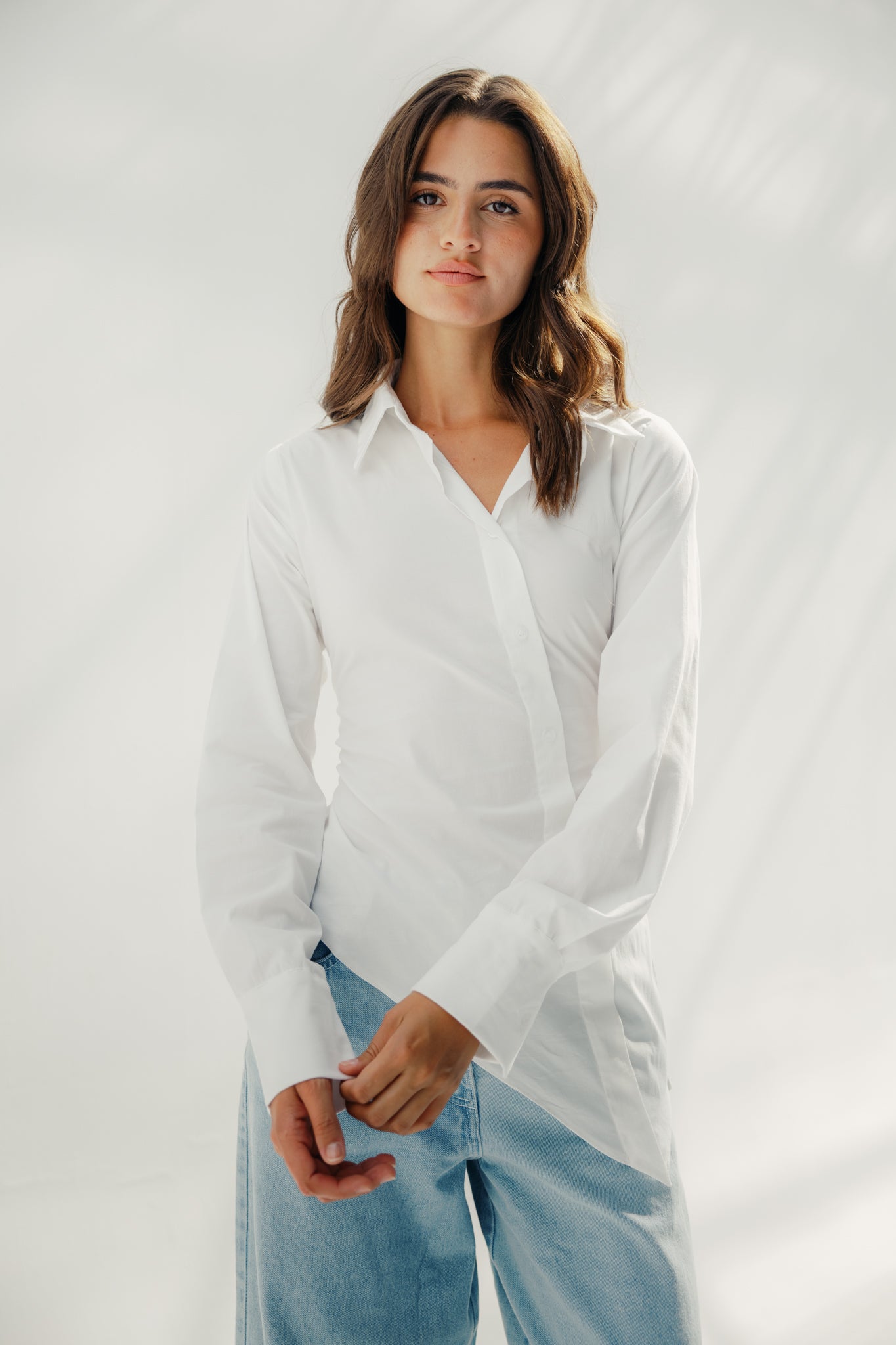 Asymmetric Ruched Button-Up Shirt White