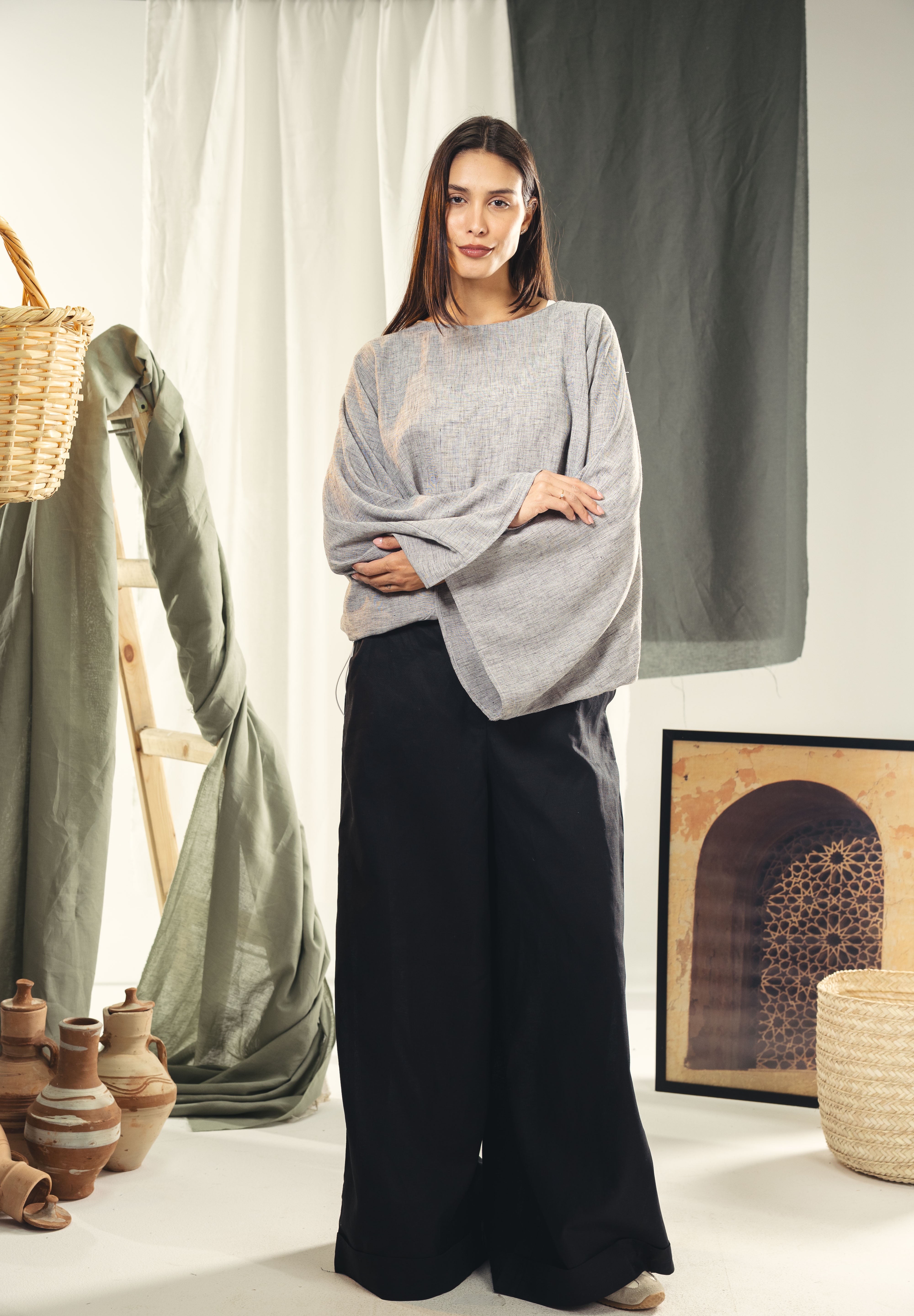 Adjustable Drawstring Hem Blouse Grey