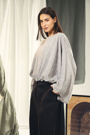 Adjustable Drawstring Hem Blouse Grey