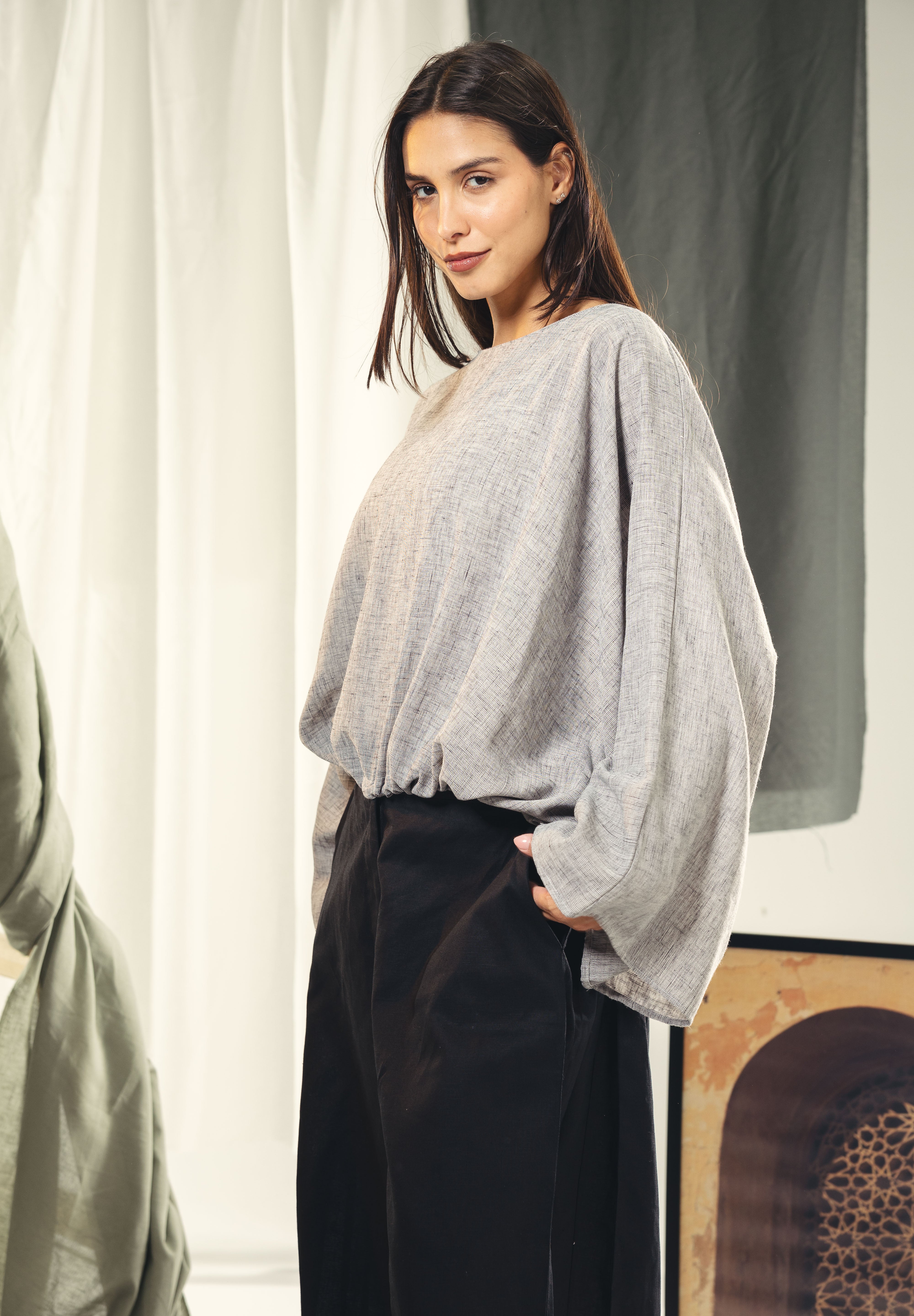 Adjustable Drawstring Hem Blouse Grey