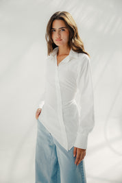 Asymmetric Ruched Button-Up Shirt White