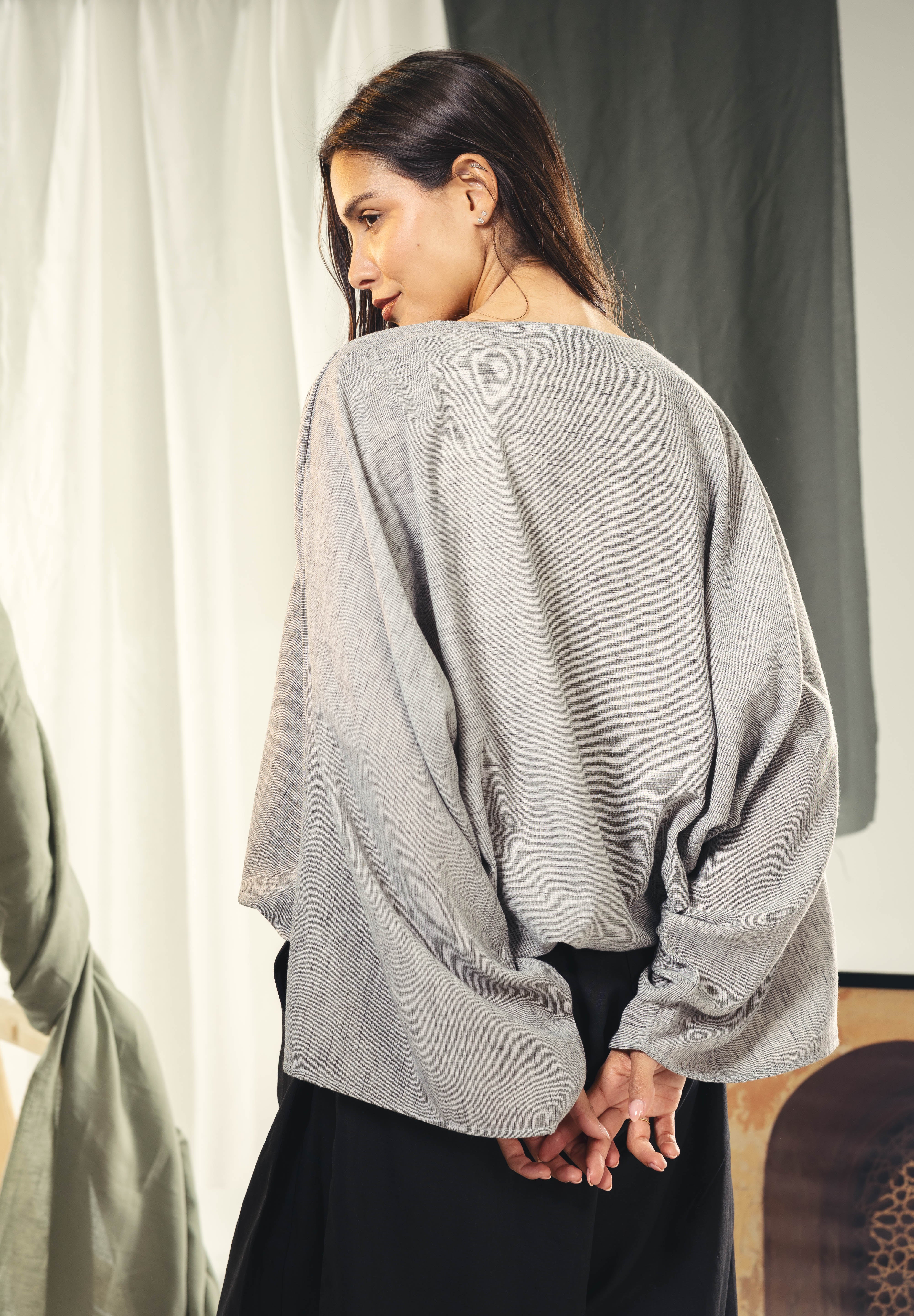 Adjustable Drawstring Hem Blouse Grey