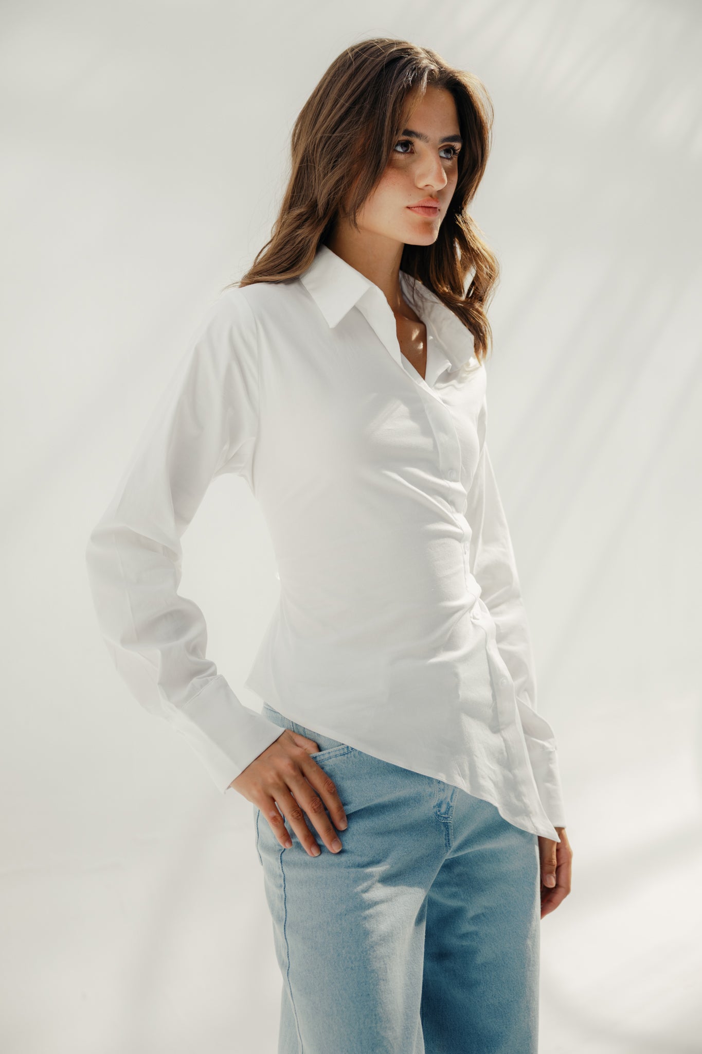 Asymmetric Ruched Button-Up Shirt White