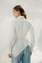 Asymmetric Ruched Button-Up Shirt White