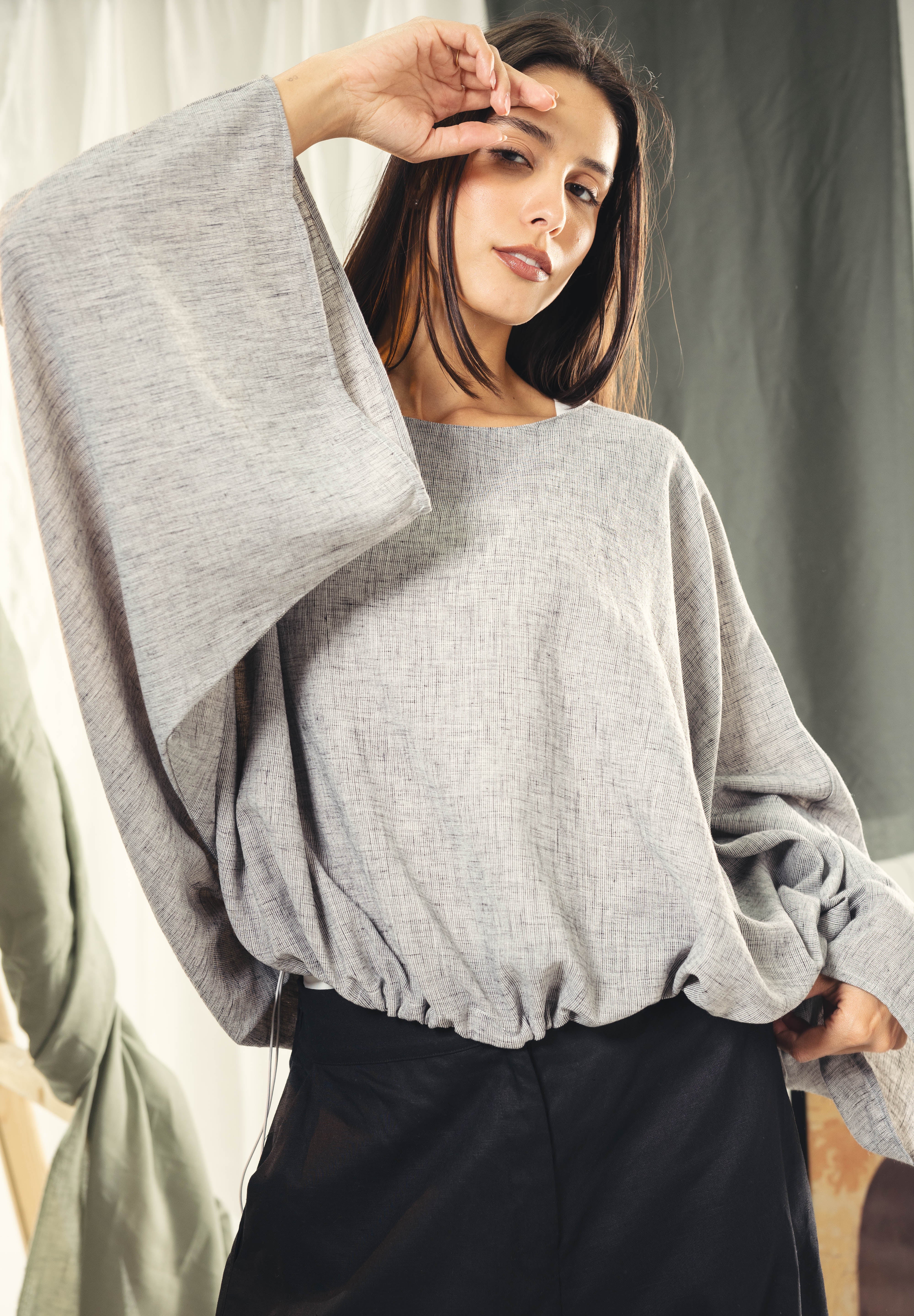Adjustable Drawstring Hem Blouse Grey