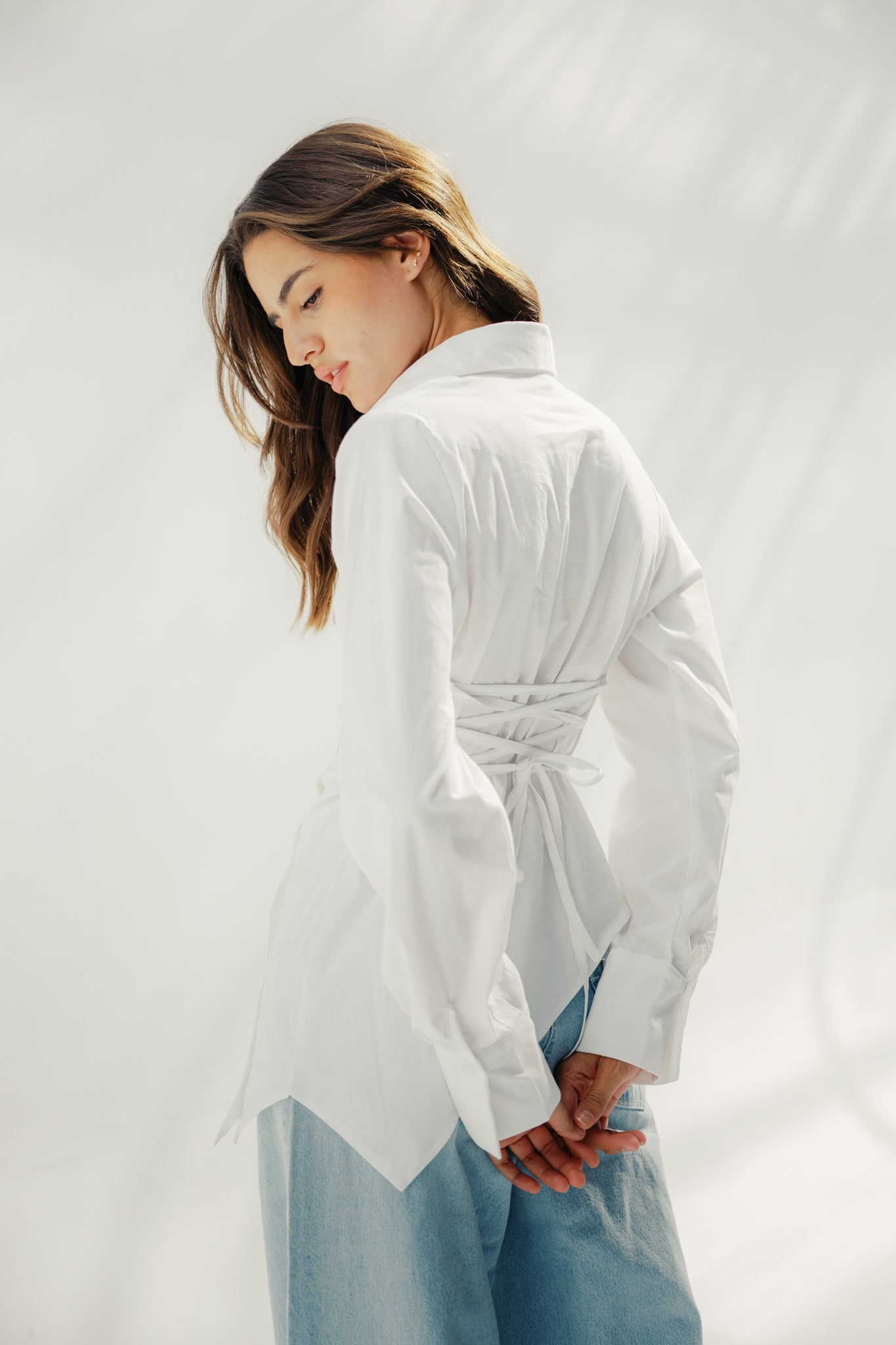 Asymmetric Ruched Button-Up Shirt White