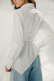 Asymmetric Ruched Button-Up Shirt White