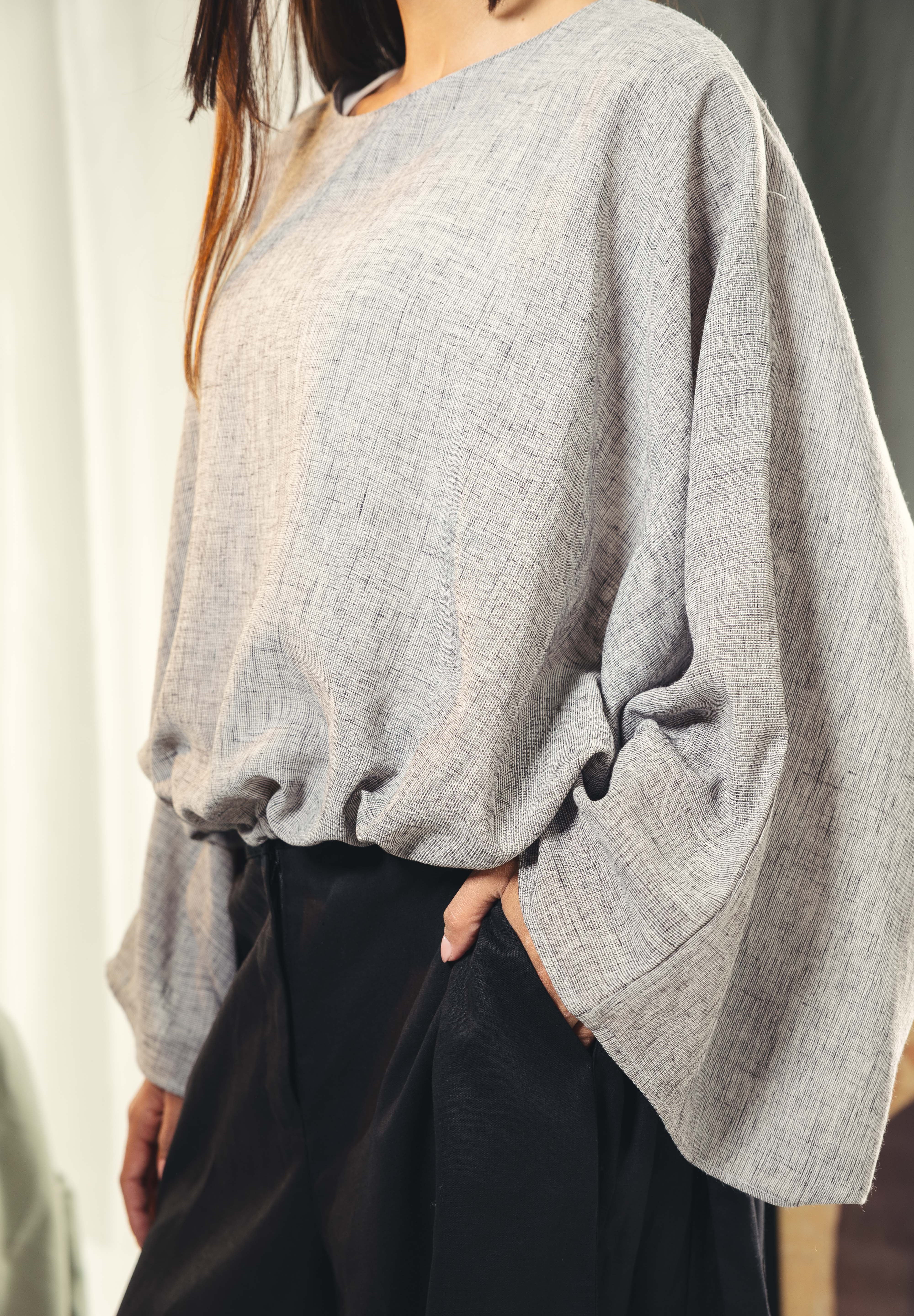 Adjustable Drawstring Hem Blouse Grey