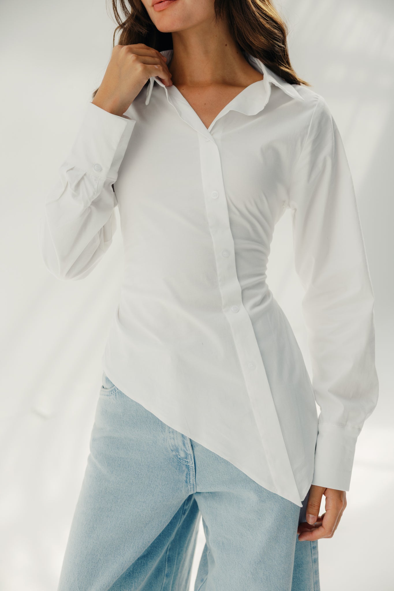 Asymmetric Ruched Button-Up Shirt White