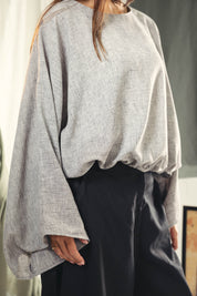 Adjustable Drawstring Hem Blouse Grey