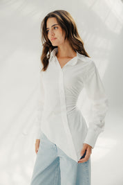 Asymmetric Ruched Button-Up Shirt White