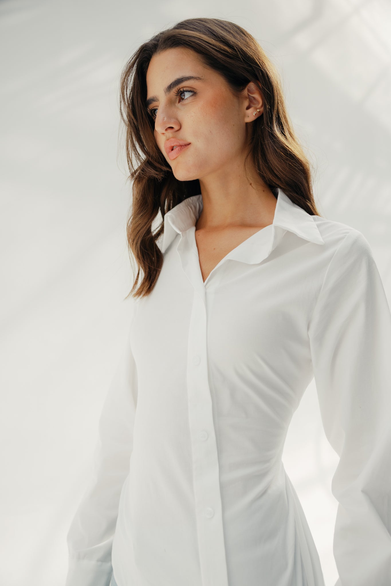 Asymmetric Ruched Button-Up Shirt White