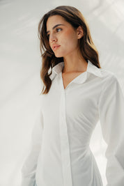 Asymmetric Ruched Button-Up Shirt White