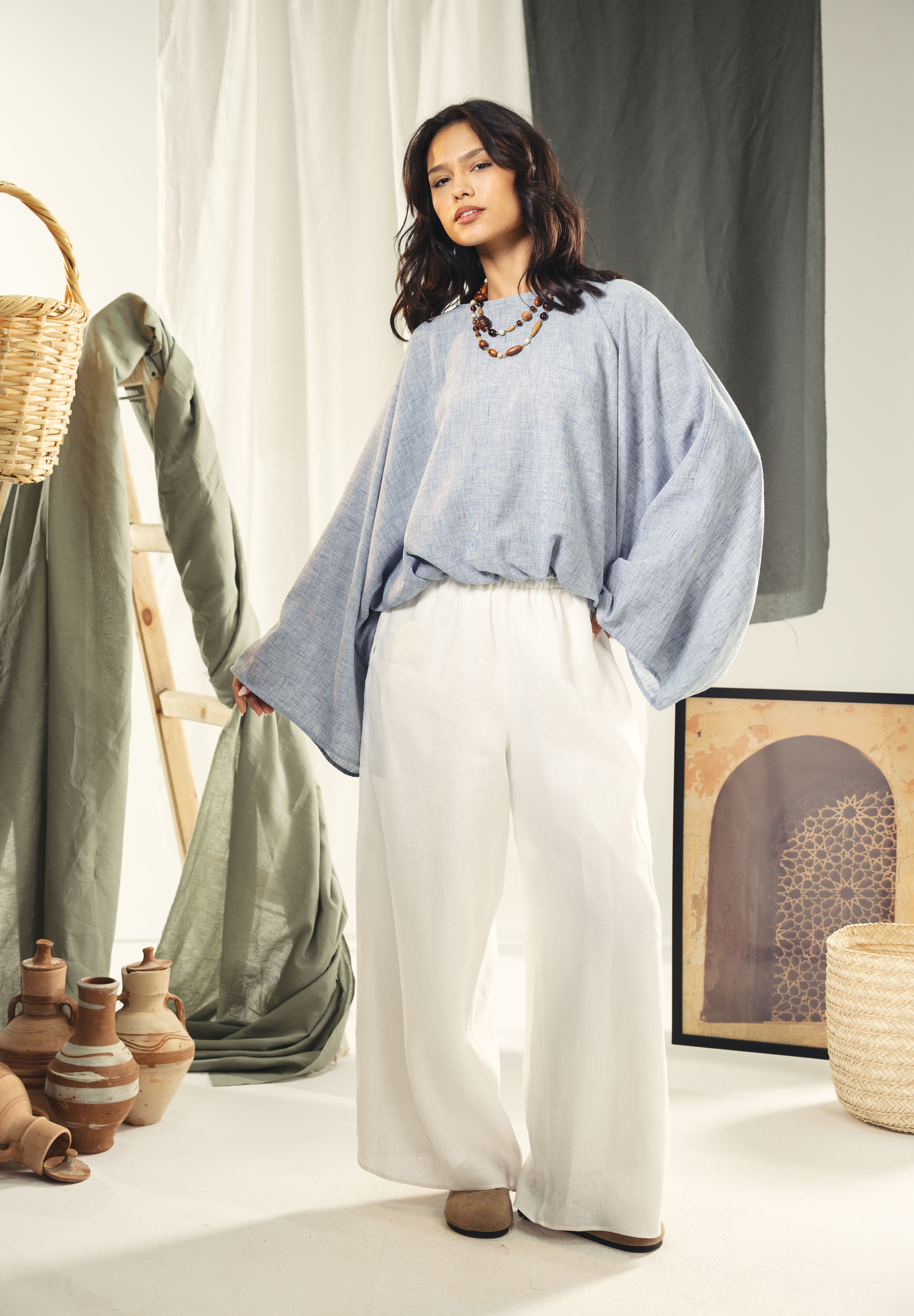 Adjustable Drawstring Hem Blouse baby blue