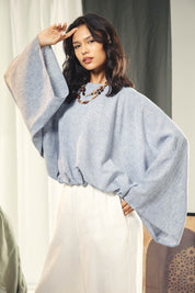 Adjustable Drawstring Hem Blouse baby blue