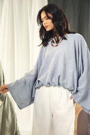 Adjustable Drawstring Hem Blouse baby blue