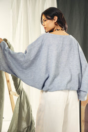 Adjustable Drawstring Hem Blouse baby blue