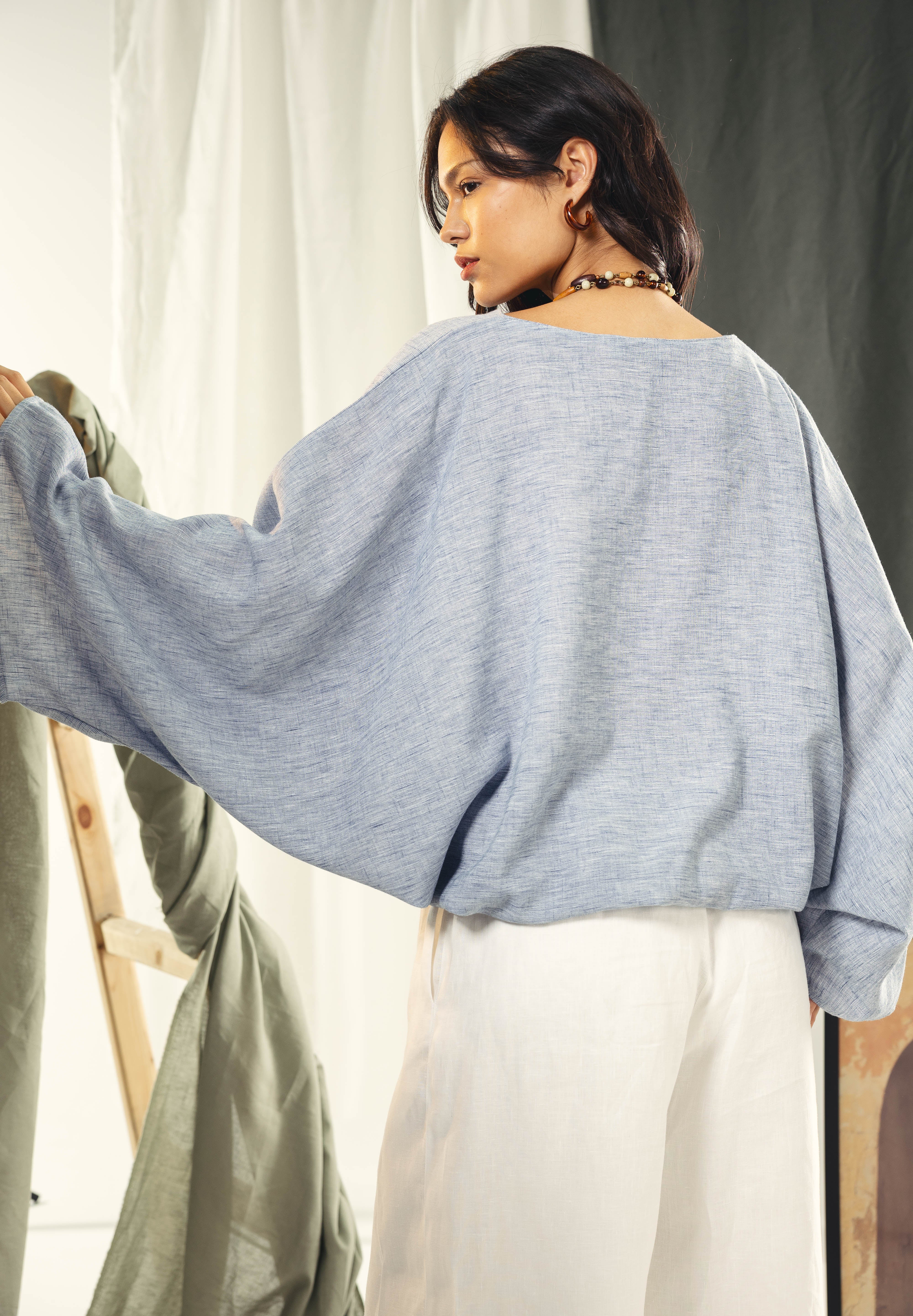 Adjustable Drawstring Hem Blouse baby blue
