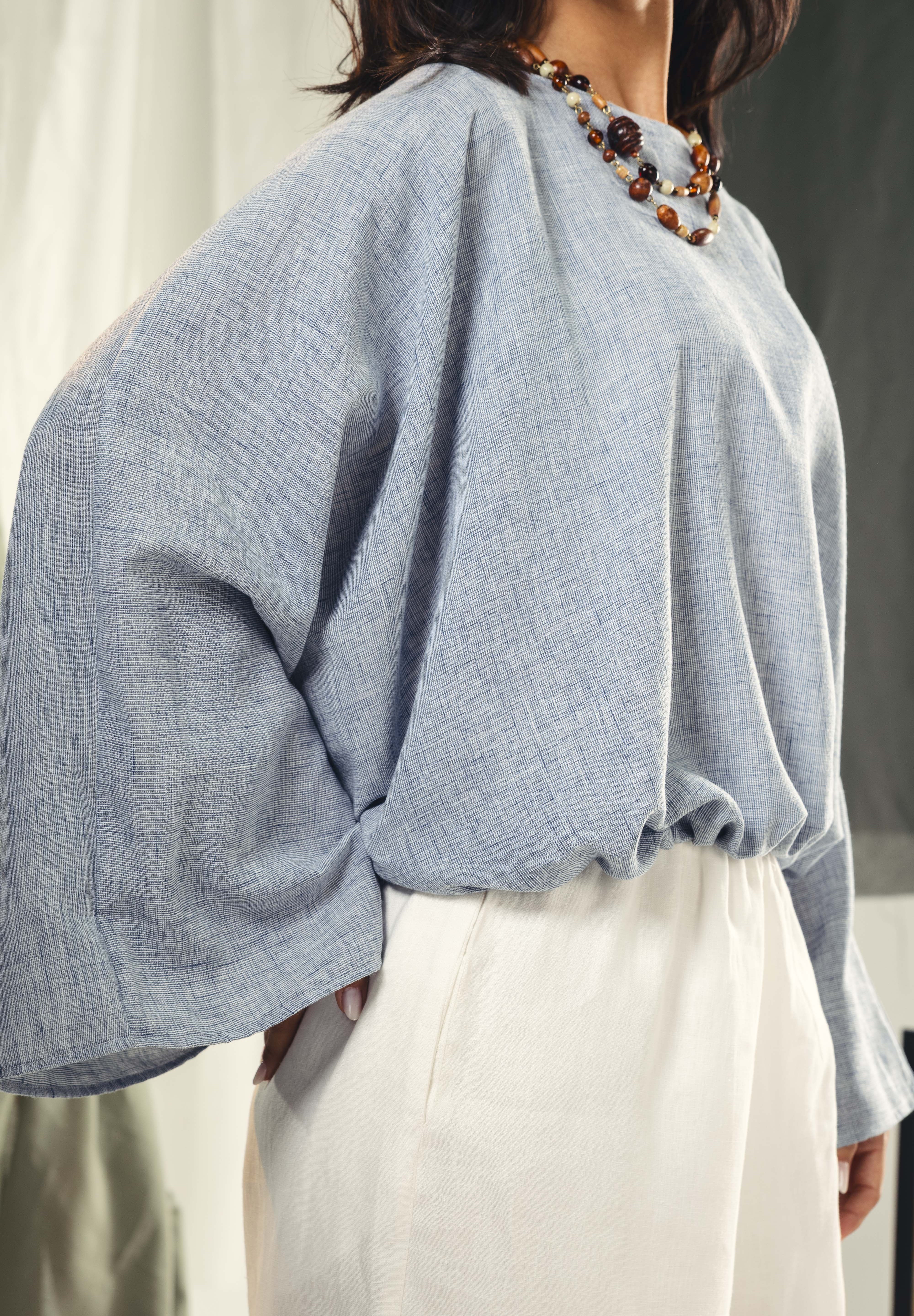 Adjustable Drawstring Hem Blouse baby blue