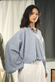 Adjustable Drawstring Hem Blouse baby blue