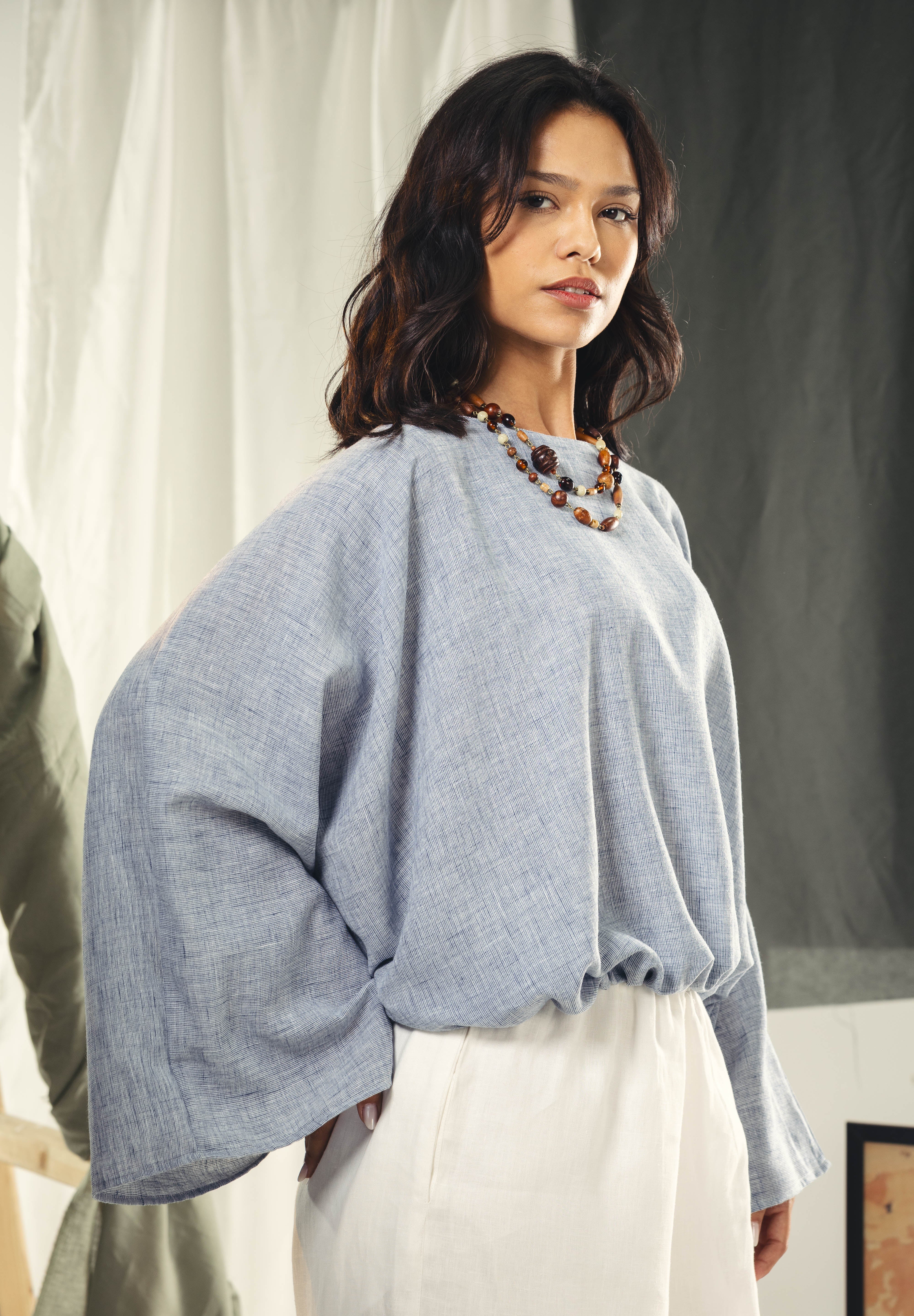 Adjustable Drawstring Hem Blouse baby blue