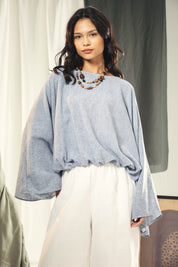 Adjustable Drawstring Hem Blouse baby blue
