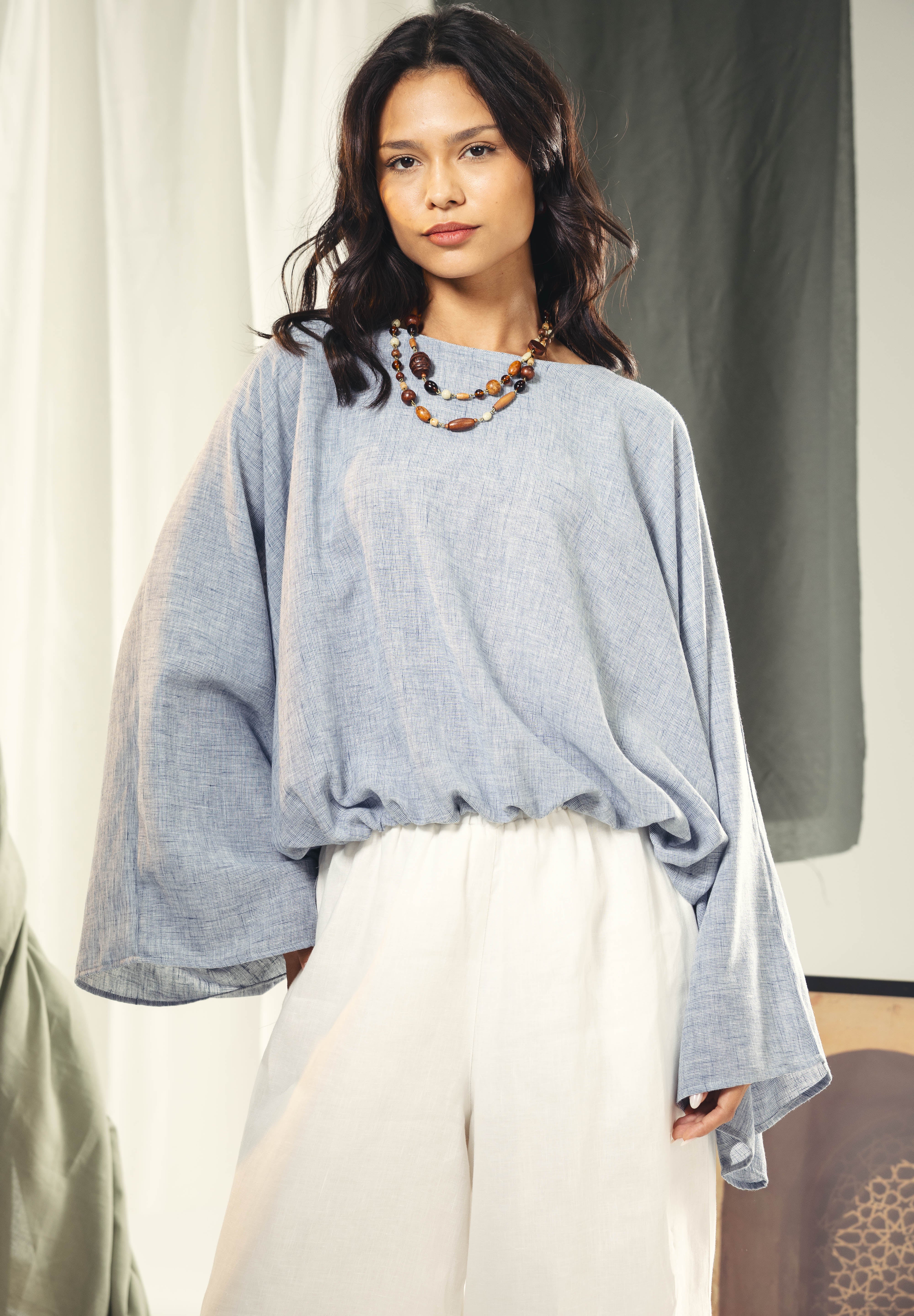 Adjustable Drawstring Hem Blouse baby blue