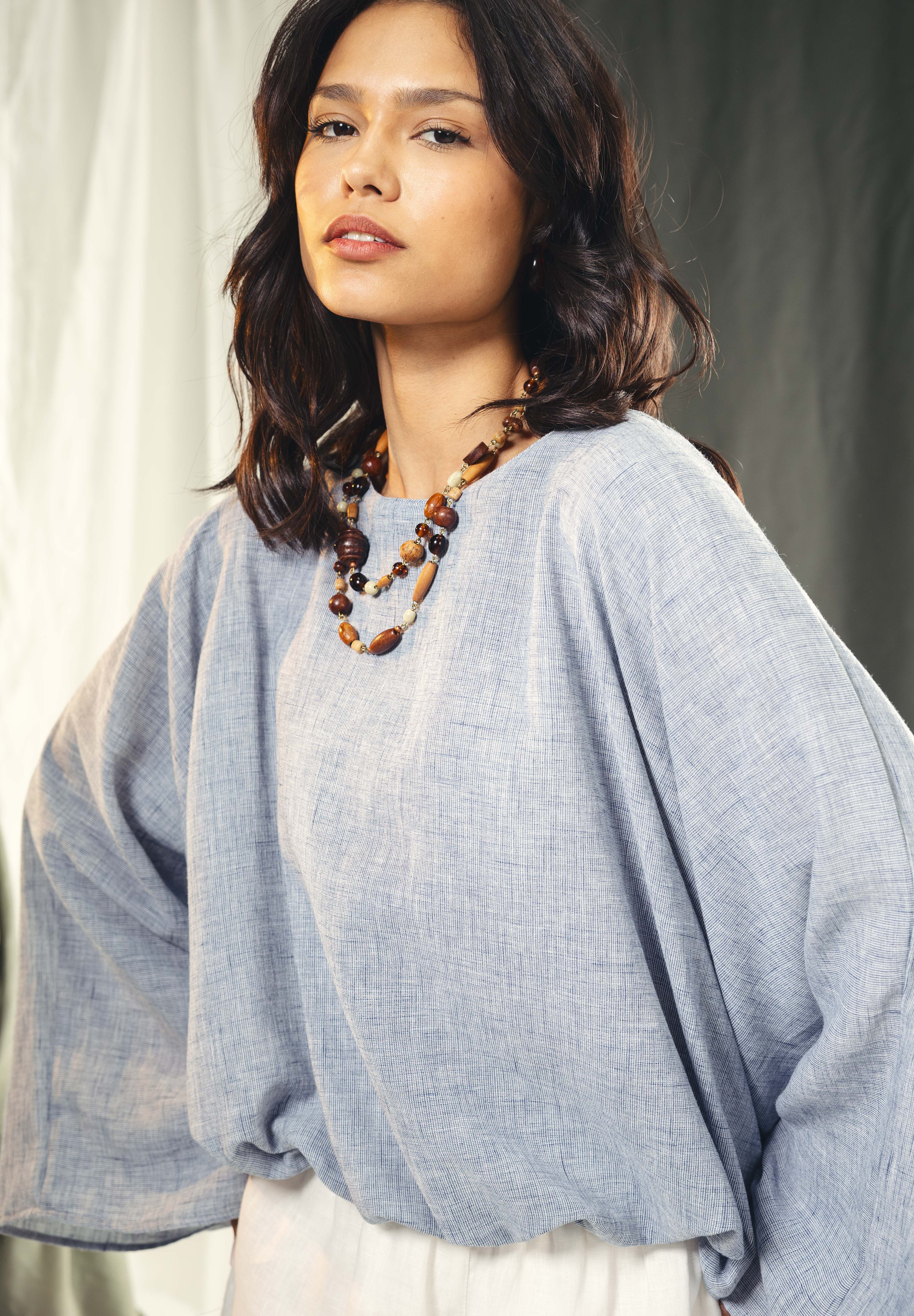 Adjustable Drawstring Hem Blouse baby blue