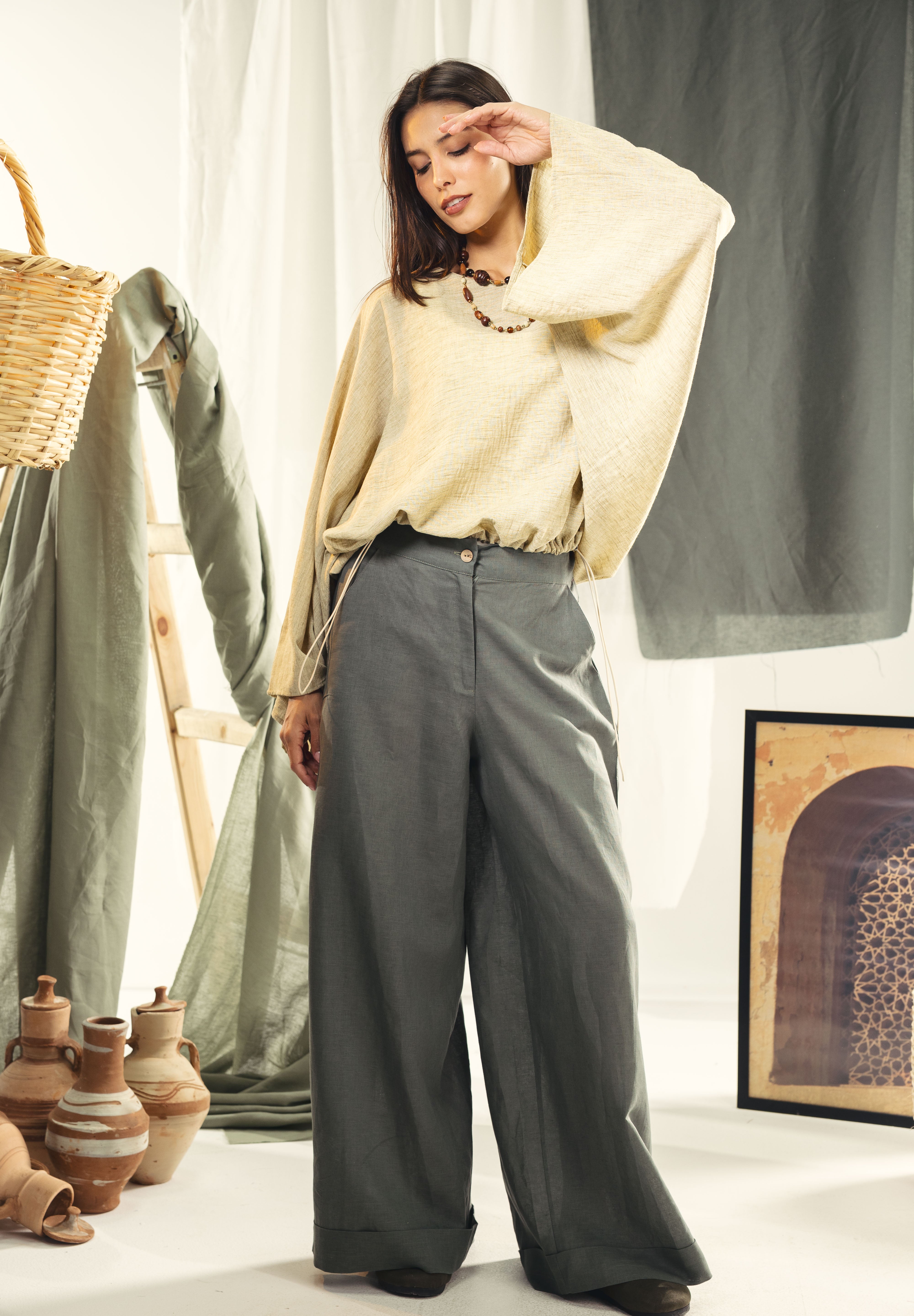 Adjustable Drawstring Hem Blouse desert yellow