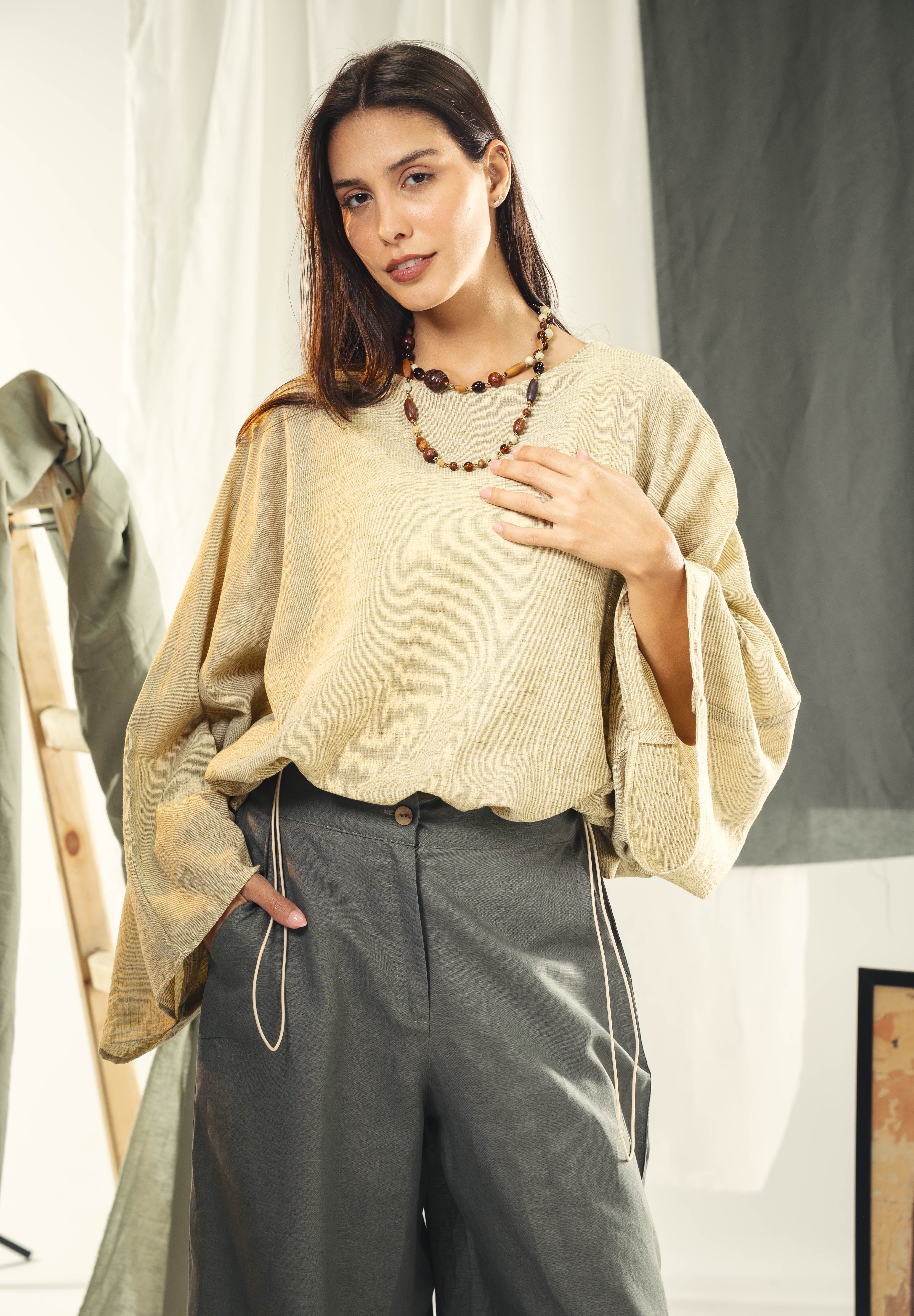 Adjustable Drawstring Hem Blouse desert yellow