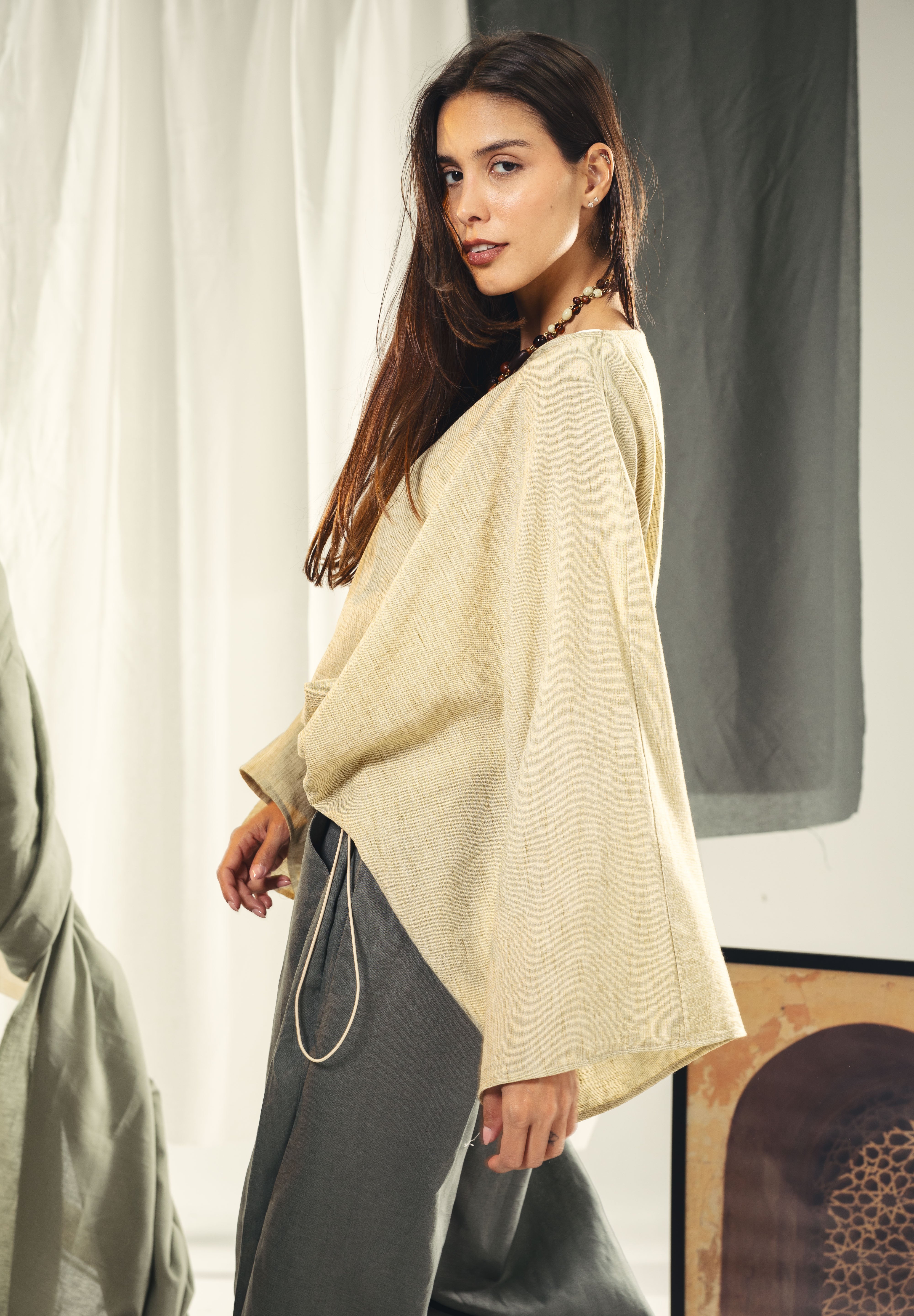 Adjustable Drawstring Hem Blouse desert yellow