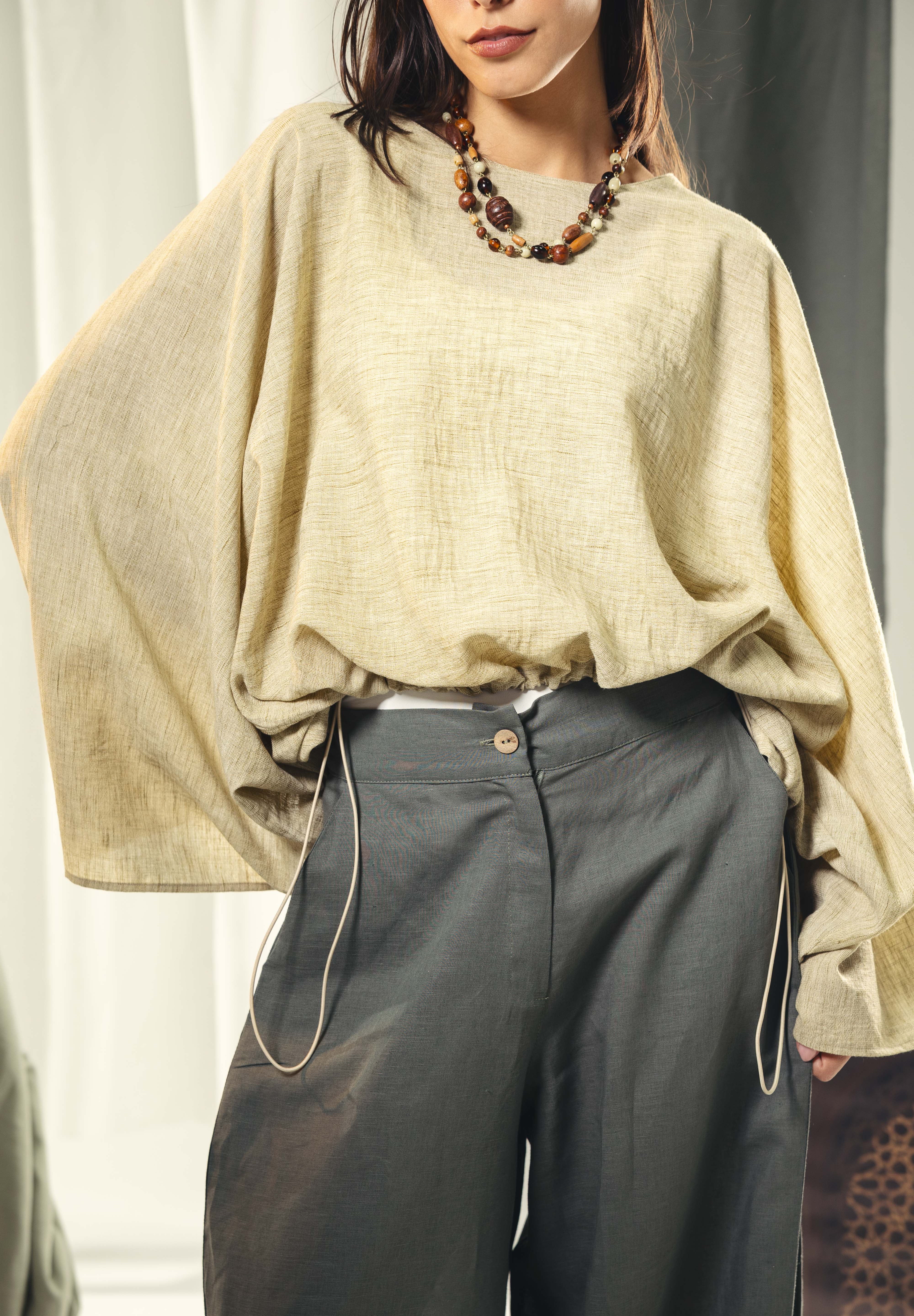 Adjustable Drawstring Hem Blouse desert yellow